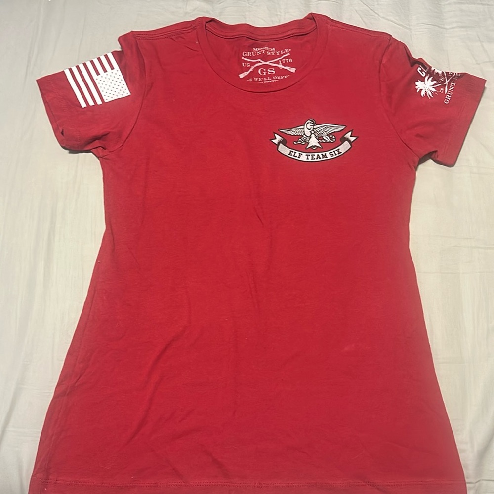 Club Grunt Style, Women’s Medium, Red shirt; white, gray, black design & letters